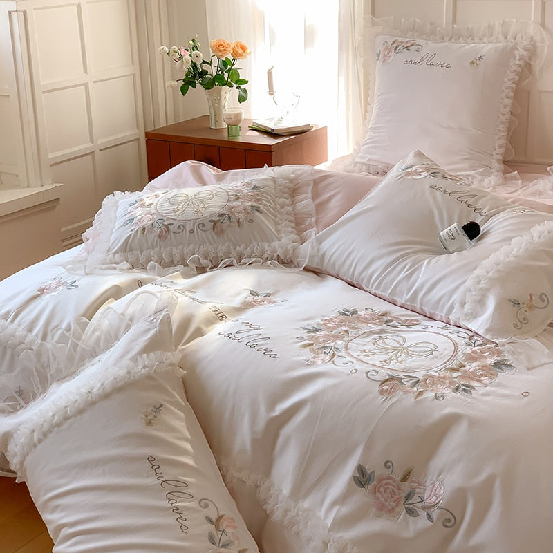 Luxury White Pink Rose Patchwork Lace Ruffles Wedding Duvet Cover, 1000TC Egyptian Cotton Bedding Set