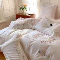 Thumbnail for Luxury White Pink Rose Patchwork Lace Ruffles Wedding Duvet Cover, 1000TC Egyptian Cotton Bedding Set