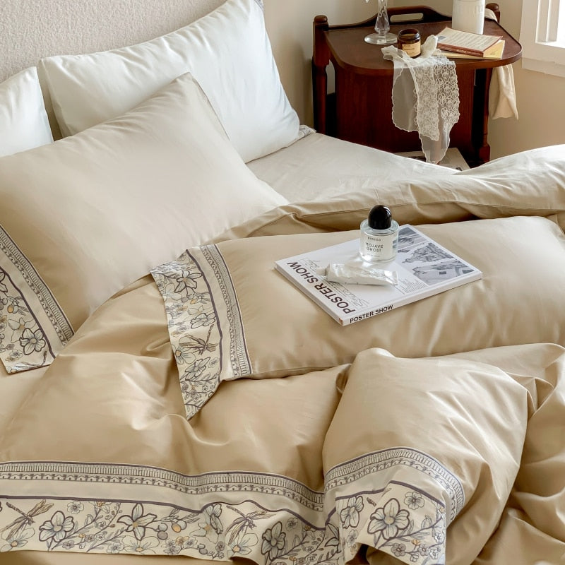 White Blue Flowers Dragonfly Europe Satin Duvet Cover Set,1000TC Egyptian Cotton Bedding Set