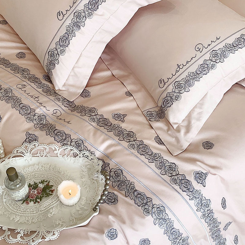 Grey White French Vintage Rose Striped Embroidered Duvet Cover Set, 1000TC Egyptian Cotton Bedding Set