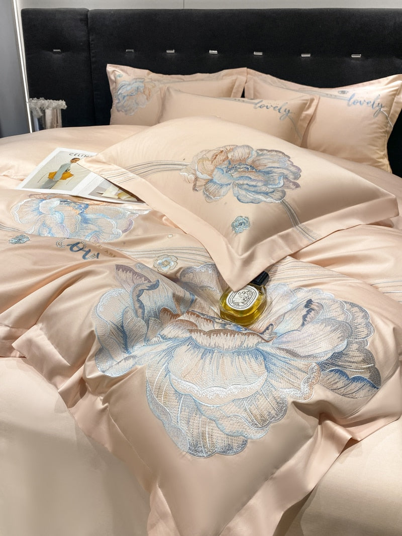 Blooming Big Flowers Lovely Embroidered Duvet Cover Set, 1000TC Egyptian Cotton Bedding Set