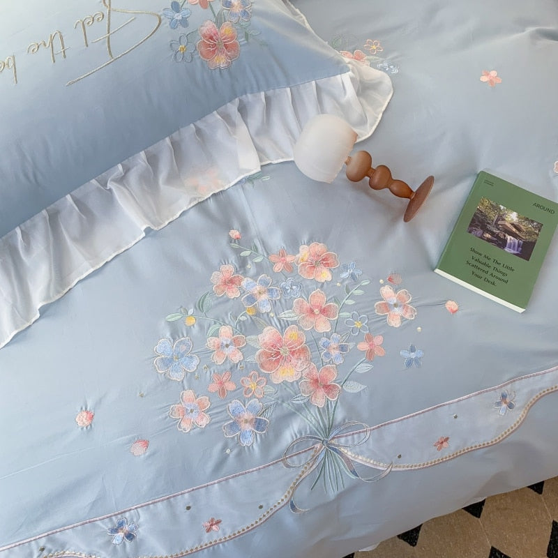 Pink Blue Luxury Romantic Lace Ruffles Flowers Wedding Duvet Cover, Egyptian Cotton 1200TC Bedding Set