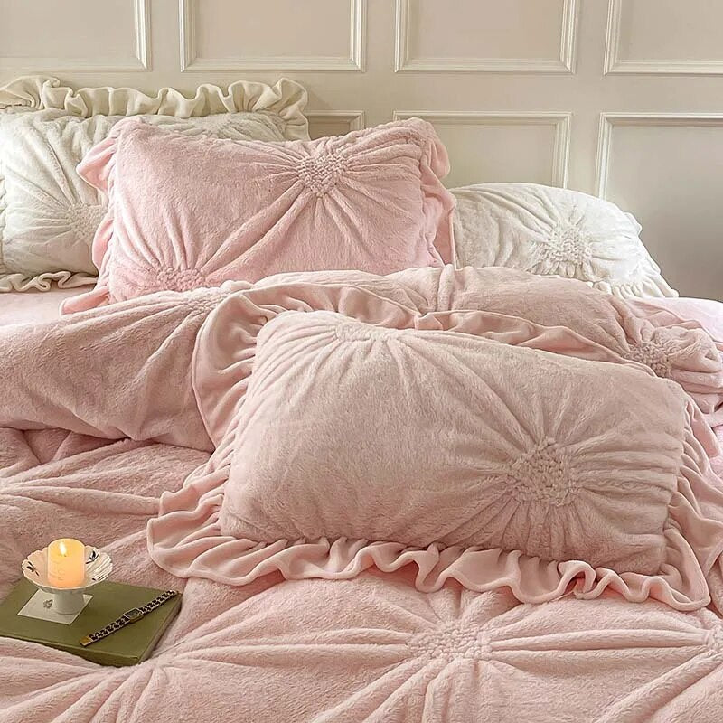 Cream Pink Love Heart Twisted Flower Fur Velvet Fleece Girls Child Duvet Cover Bedding Set