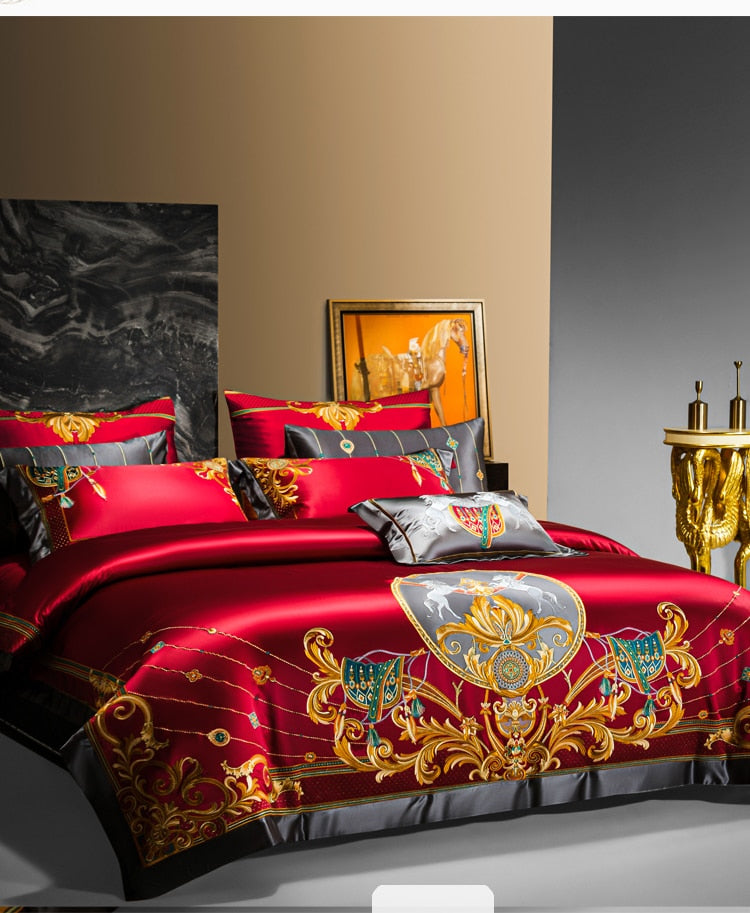 Luxury Red Gold European Horse Jacquard Embroidered Wedding Duvet Cover Set, 1200TC Egyptian Cotton Bedding Set