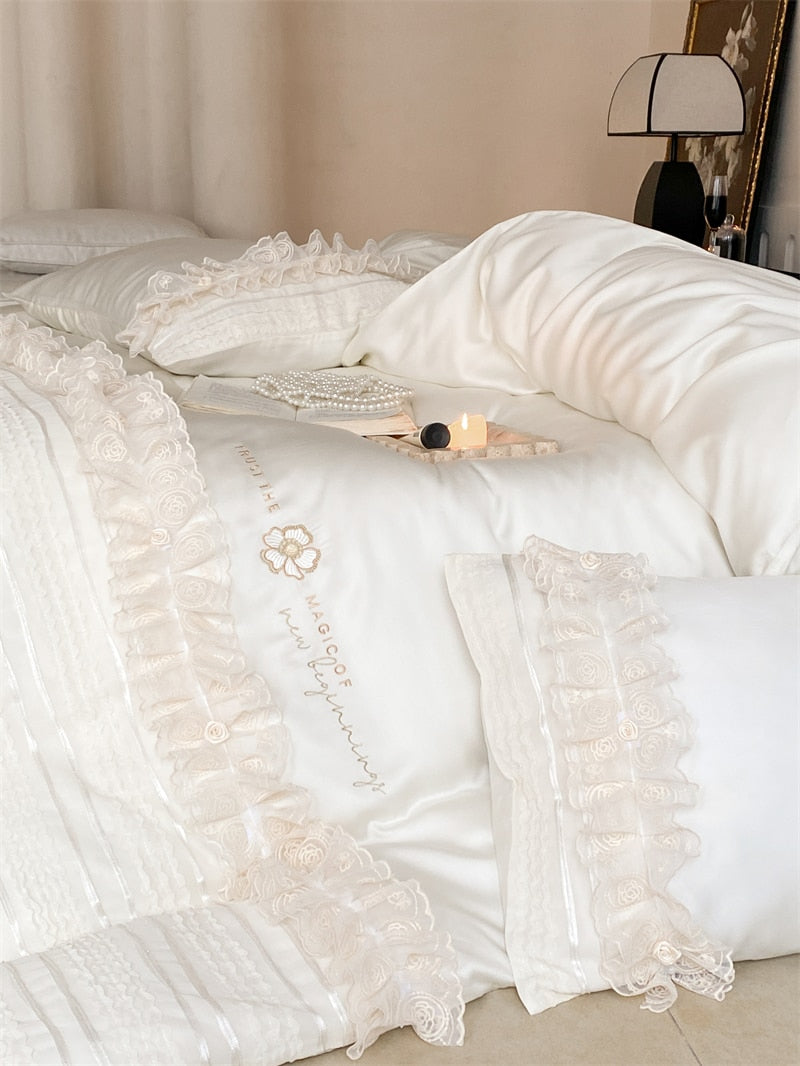 White Premium Europe Soft Silky Princess Lace Duvet Cover,100% Natural Tencel Bedding Set