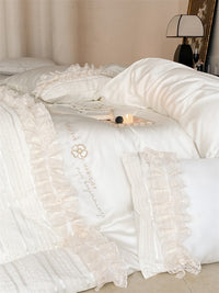 Thumbnail for White Premium Europe Soft Silky Princess Lace Duvet Cover,100% Natural Tencel Bedding Set