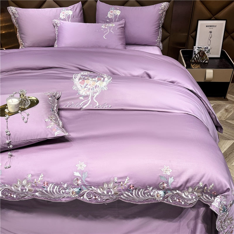 Pink Green Luxury Europe Elegant Floral Embroidery Duvet Cover, 1000TC Egyptian Cotton Bedding Set