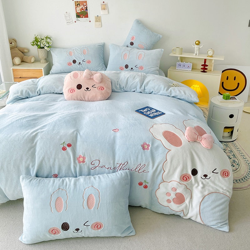 Pink Rabbit Animal Embroidery Kid Duvet Cover, Velvet Fleece Bedding Set