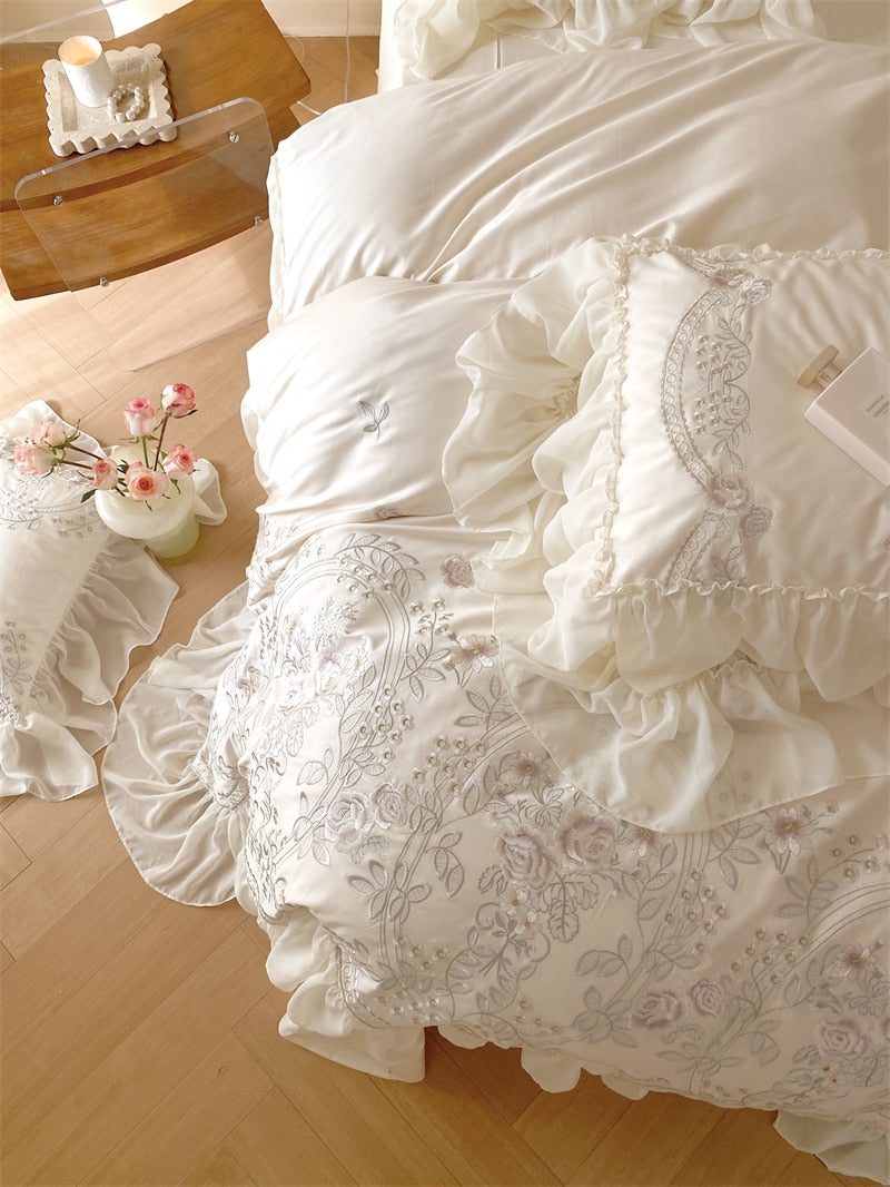 Luxury Rose Light Pink Embroidered Wedding Lace Ruffles Duvet Cover, 1400TC Egyptian Cotton Bedding Set