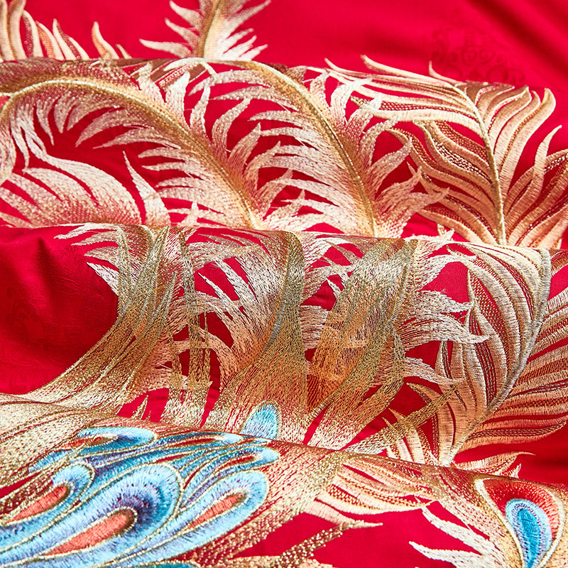 Red Gold Cloud Dragon Phoenix Wealth Wedding Tassel Duvet Cover Set, 1200TC Egyptian Cotton Bedding Set