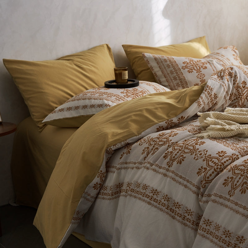 Premium Bohemian Yellow European Jacquard Duvet Cover Set, Washed Cotton Bedding Set