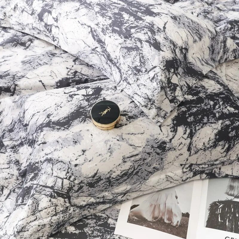 Premium Grey White Marble Pattern Duvet Cover Set, 600TC Brushed Cotton Bedding Set