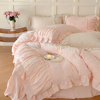 Thumbnail for White Pink French Premium Pleat Ruffles Patchwork Duvet Cover, Crystal Velvet Fleece Bedding Set