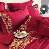 Thumbnail for Burgundy Pink French Style Vintage Embroidered Duvet Cover Set, 1000TC Egyptian Cotton Bedding Set