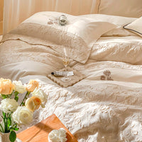 Thumbnail for Premium White Pink French Lace Flowers Embroidered Duvet Cover, 1200TC Egyptian Cotton Bedding Set