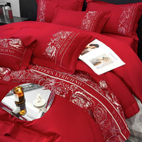 Thumbnail for White Red Elegant Flowers Pattern Embroidery Duvet Cover Set, Egyptian Cotton Bedding Set