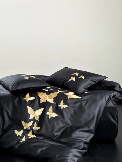 Golden Black Luxury Chic Butterfly Embroidered Duvet Cover Set, 1000TC Egyptian Cotton Bedding Set