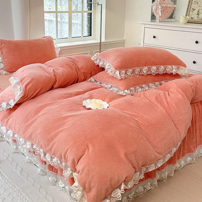 Creamy Pink Flower Carved Velvet Fleece Lace Ruffles Patchwork Duvet Cover Set Bed Skirt Bedding Set