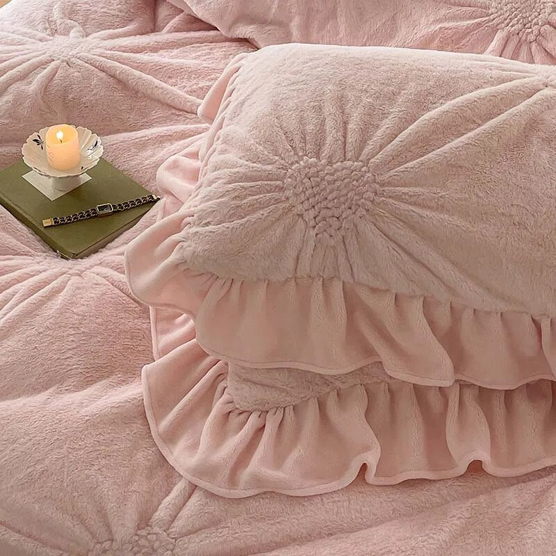 Cream Pink Love Heart Twisted Flower Fur Velvet Fleece Girls Child Duvet Cover Bedding Set