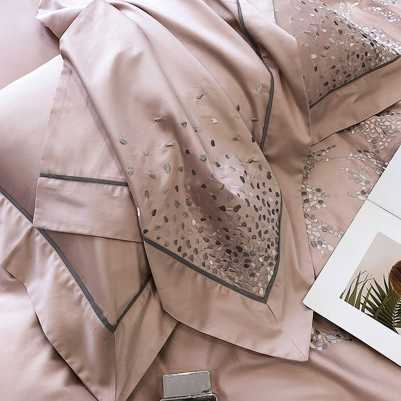 Luxury White Pink Dot Print Flowers Flower Duvet Cover Set, 1000TC Egyptian Cotton Bedding Set