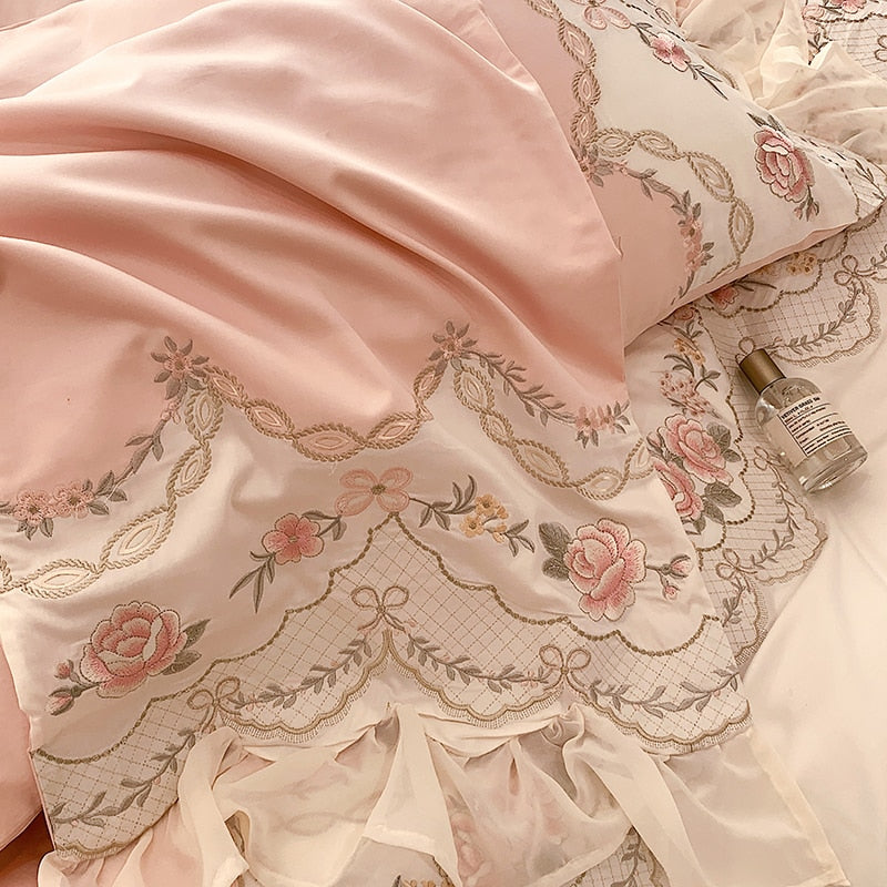 Pink Romantic French Princess Rose Lace Ruffles Duvet Cover, 1000TC Egyptian Cotton Bedding Set