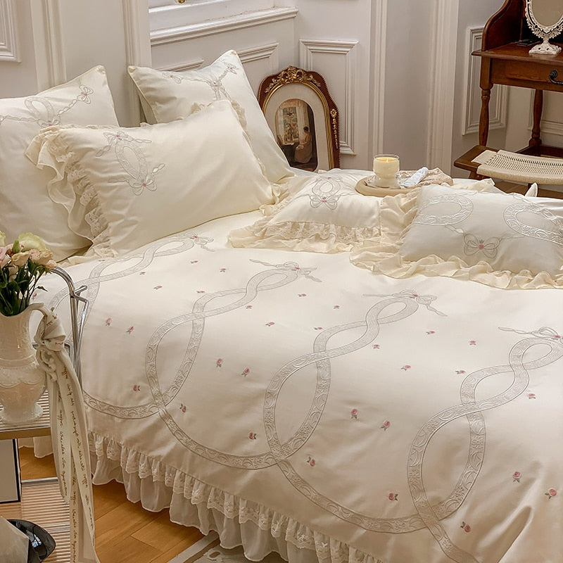 Romantic French Rose Flower Lace Ruffles Princess Duvet Cover, Egyptian Cotton 1000TC Bedding Set