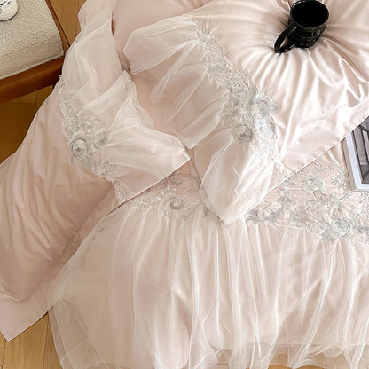 White Pink Luxury Flower Double Layer Lace Ruffles Egyptian Cotton 1000TC Duvet Cover Bedding Set