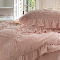 Thumbnail for Cream Pink Love Heart Twisted Flower Fur Velvet Fleece Girls Child Duvet Cover Bedding Set