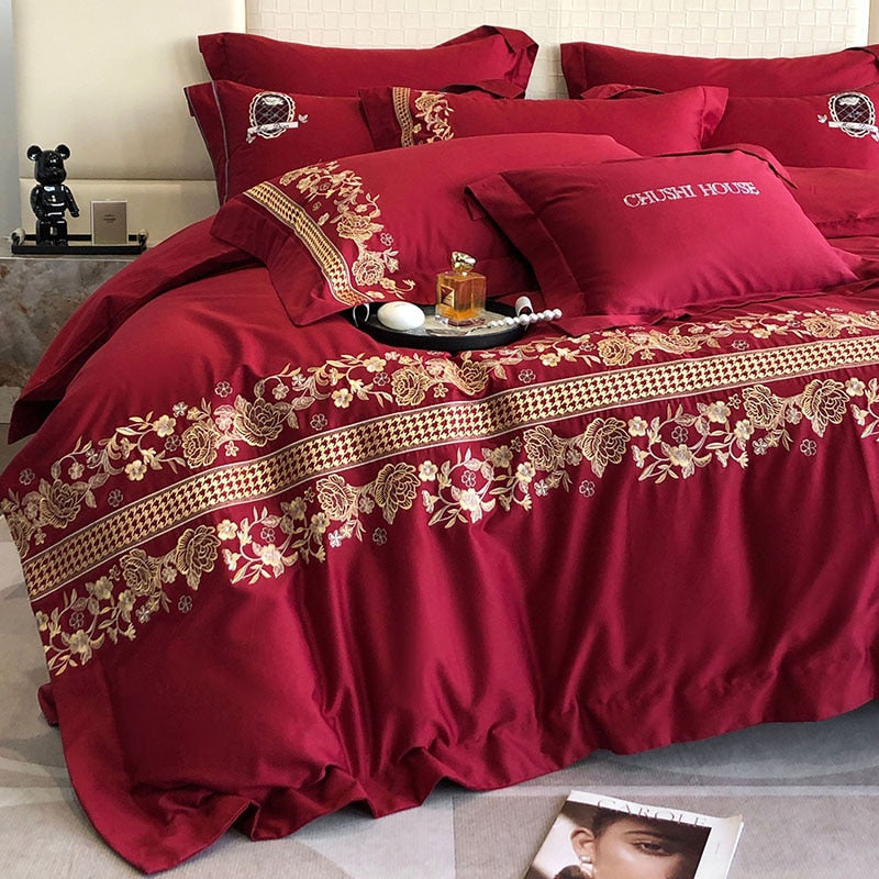 Burgundy Pink French Style Vintage Embroidered Duvet Cover Set, 1000TC Egyptian Cotton Bedding Set