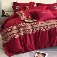 Thumbnail for Burgundy Pink French Style Vintage Embroidered Duvet Cover Set, 1000TC Egyptian Cotton Bedding Set