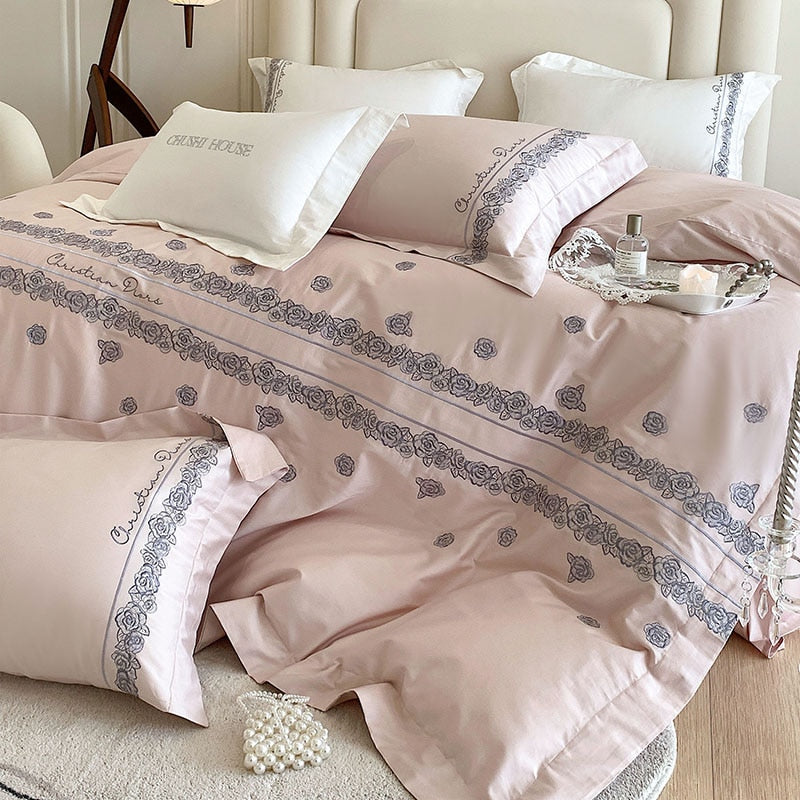 Grey White French Vintage Rose Striped Embroidered Duvet Cover Set, 1000TC Egyptian Cotton Bedding Set