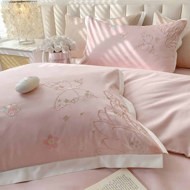 Pink Green Beauty Butterfly Feather Embroidery Duvet Cover, Egyptian Cotton 1200TC Bedding Set