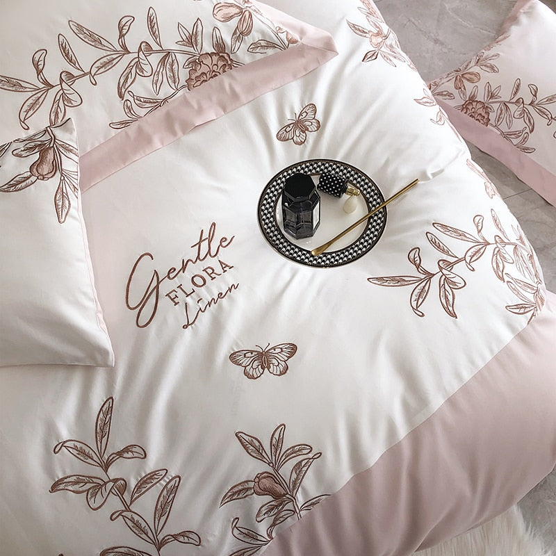 Burgundy American Pastoral Flowers Bird Embroidered Duvet Cover Set, 1000TC Egyptian Cotton Bedding Set