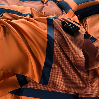 Luxury Orange Leopard Long Stripe Pattern Jacquard Duvet Cover Set, 1400TC Egyptian Cotton Bedding Set