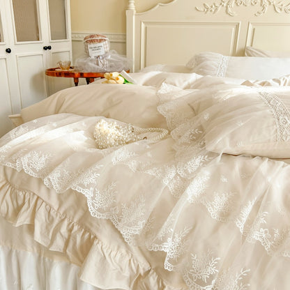 Pink White Romantic French Wedding Cotton Lace Ruffles Duvet Cover Bedding Set