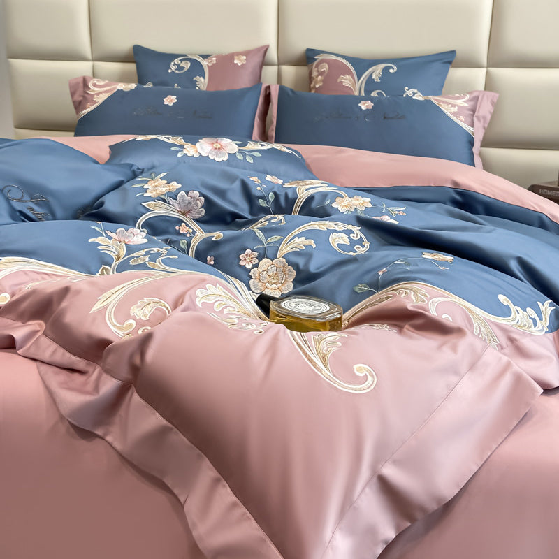 Luxury White Purple Baroque Soft Satin Silky Chic Flowers Wedding Duvet Cover Set, 600TC Egyptian Cotton Bedding Set