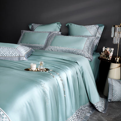 Luxury Pink Blue European Satin Princess Chic Lace Duvet Cover, Egyptian Cotton 1200TC Bedding Set