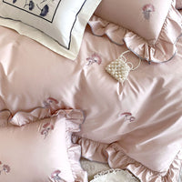 Thumbnail for White Red Burgundy French Flower Embroidered Lace Ruffles Duvet Cover Set, 1000TC Egyptian Cotton Bedding Set