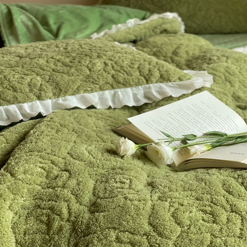 Premium White Green Warm Winter Fluffy Short Plush Flowers Carved Duvet Cover Set, Velvet Fleece Bedding Set