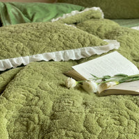 Thumbnail for Premium White Green Warm Winter Fluffy Short Plush Flowers Carved Duvet Cover Set, Velvet Fleece Bedding Set