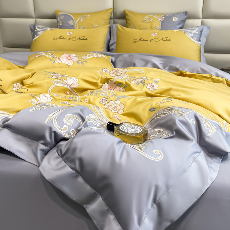 Luxury White Purple Baroque Soft Satin Silky Chic Flowers Wedding Duvet Cover Set, 600TC Egyptian Cotton Bedding Set