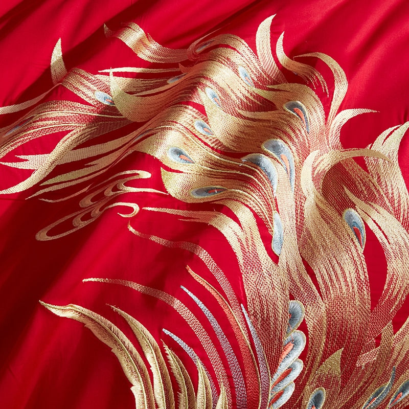 Red Gold Dragon Phoenix Wedding Tassels Duvet Cover, 1000TC Egyptian Cotton Bedding Set