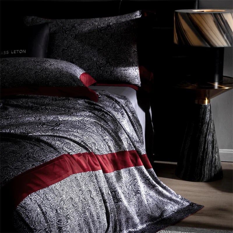 Vintage Luxury Red Black Silky Soft Duvet Cover Set, 1000TC Egyptian Cotton Bedding Set