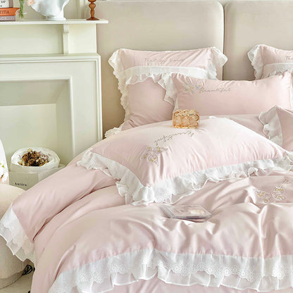Luxury White Pink Satin Silky Butterfly Embroidered Girl Duvet Cover Set, 1000TC Egyptian Cotton Bedding Set