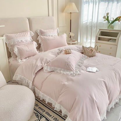 Luxury White Pink Satin Silky Butterfly Embroidered Girl Duvet Cover Set, 1000TC Egyptian Cotton Bedding Set