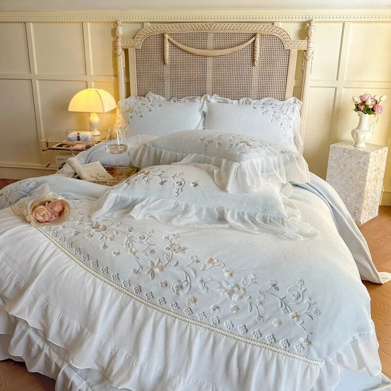 Soft Pink Flowers Embroidery Romantic Lace Ruffles Duvet Cover, Velvet Fleece Bedding Set