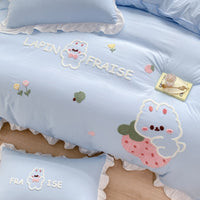 Thumbnail for Yellow Purple Cartoon Strawberry Rabbit Embroidered Kids Duvet Cover, Polyester Bedding Set