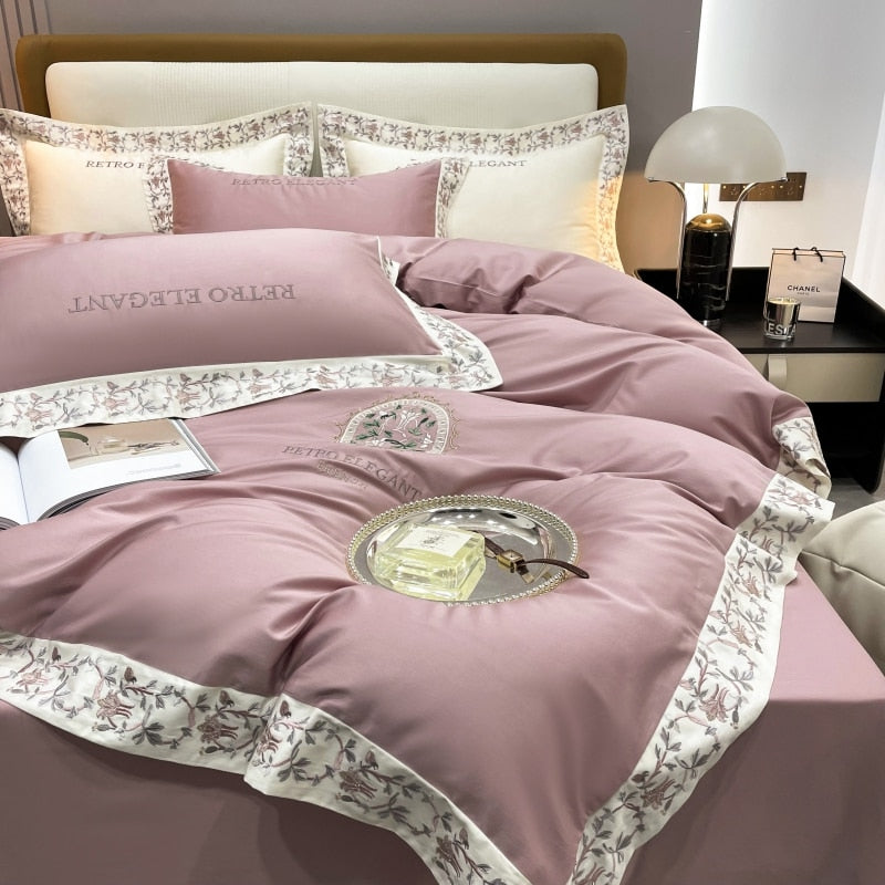 Luxury White Pink Flowers European Embroidered Duvet Cover Set, 1000TC Egyptian Cotton Bedding Set