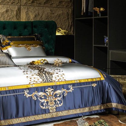 Luxury Gold Blue Baroque Europe Silk Embroidered Duvet Cover Set, 1200TC Egyptian Cotton Bedding Set