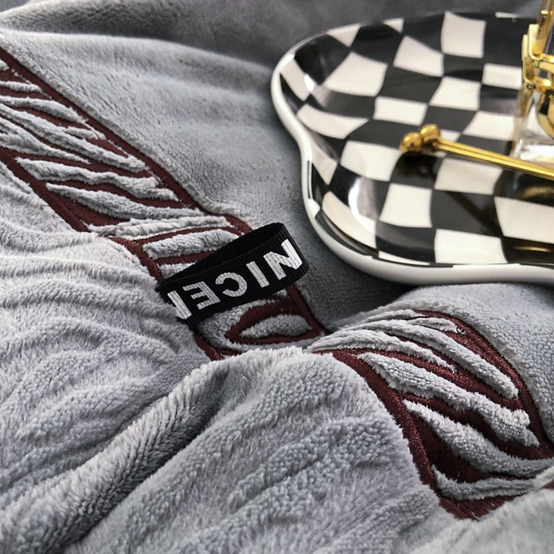 Brown Grey Premium Carved Zebra Grain Embroidered Jacquard Duvet Cover Set, Plush Velvet Fleece Bedding Set